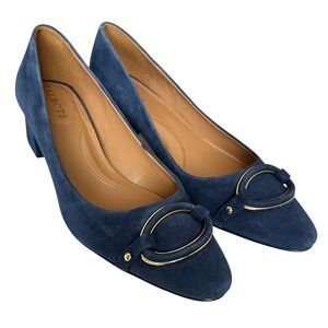 Talbots Indigo Blue Suede Kayla Buckle Block Heel Pumps Womens 8M Feminine
